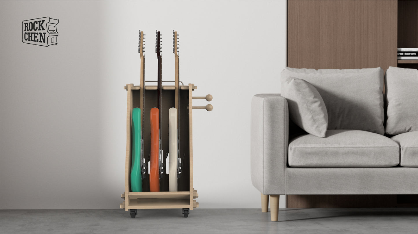 Wooden multi row roller guitar stand