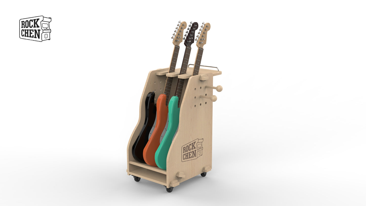 Wooden multi row roller guitar stand