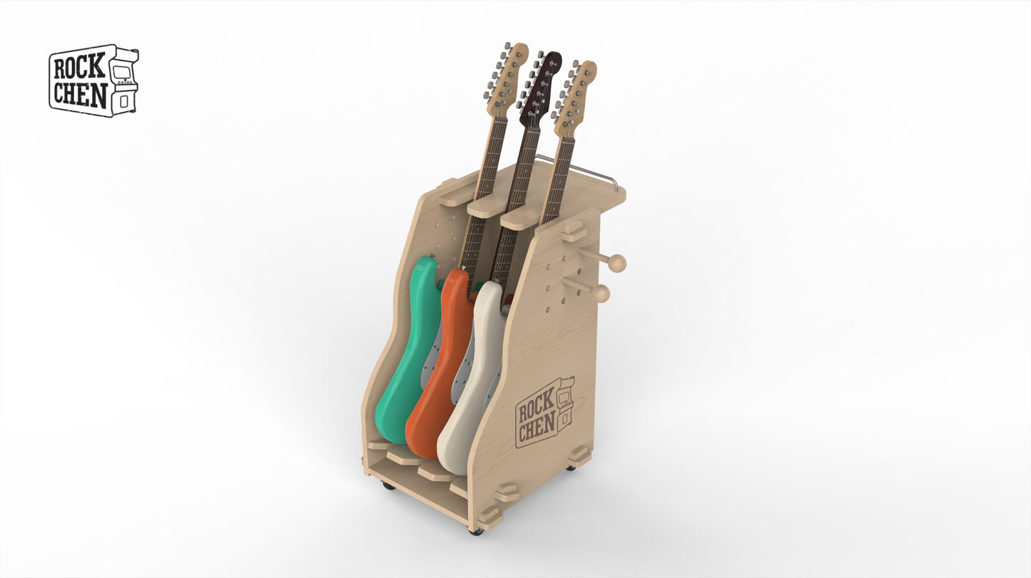 Wooden multi row roller guitar stand